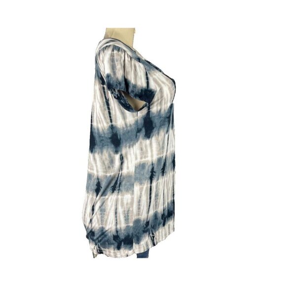One World S Navy Blue-Gray Striped Tie-Dye Scoop Neckline Rayon Cap Sleeve Tee - Picture 3 of 6